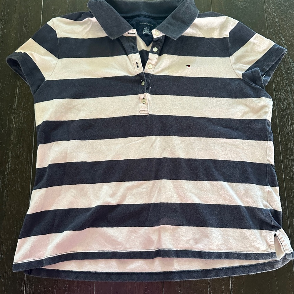Tommy Hilfiger Women's Navy and pink Striped Polo Shirt